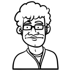 funny vector drawing of a young man with curly hair and glasses looking confusedly into the camera. black and white, outline, comic, doodle, sketch, face.