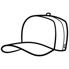 comic vector illustration of a hip hop baseball cap in black and white with no imprint for text layouts. outline, sketch, doodle, drawing.