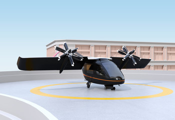 E-VTOL passenger aircraft waiting for takeoff from airport. Urban Passenger Mobility concept. 3D rendering image.