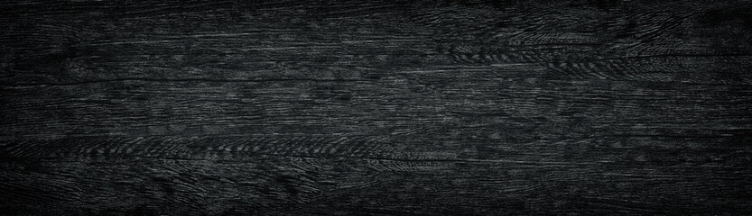 Black grain wooden panoramic texture. Dark wide wood background
