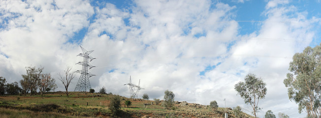 panoramic views looking up at tall towering high energy electrical overhead power transmission towers looming high over native Australian trees and flora on a cloudy day, rural Australia