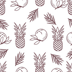 Seamless pattern with pineapples, orange, leaves.