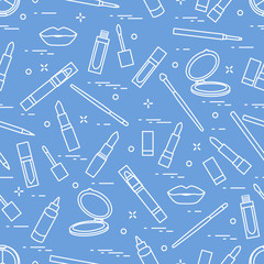 Seamless pattern of different lip make-up tools. Vector illustration of lipsticks, mirror, lip liner, lip gloss and other.