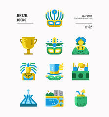 Brazil icon set 2. Include carnival, mask, football, Brazil landmark and more. Flat icons Design. vector