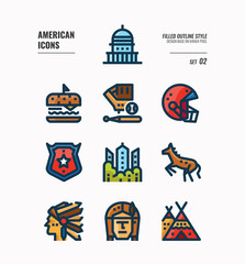 Naklejka premium American icon set 2. Include Landmark, Red Indian, food and more. Filled outline icons Design. vector