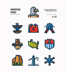 American icon set 3. Include Eagle sign, USA map, Landscape and more. Filled Outline icons Design. vector