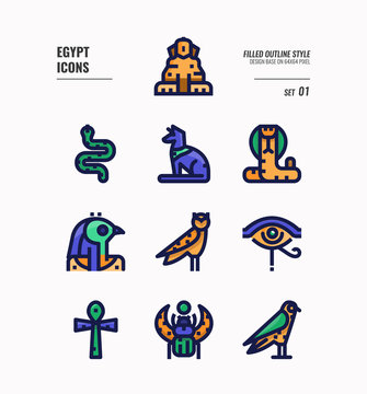 Egypt icon set 1. Include Sphinx, Horus, Ankh, Cobra, owl and more. Fill outline icons Design. vector
