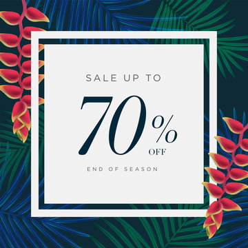 70% lettering handmade with leaves and flower tropical decoration. For Sale discount, Web Promotion, Poster Banner Background, Sign and symbol. Luxury unique style, Green color, Vector illustration