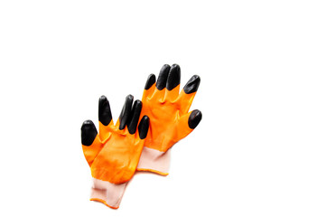 Orange work gloves for construction and repair work on a white background.