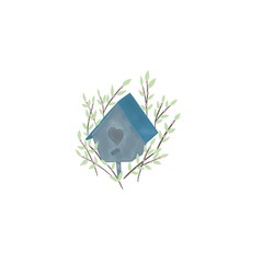 Wooden  gray birdhouse  with a blue roof and a  heart-shaped entrance in branches with berries. Illustration on white background. Element for design.