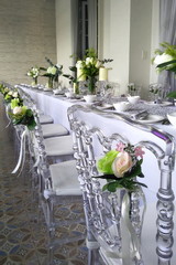 Long dining table in wedding party, silver color tone look luxury