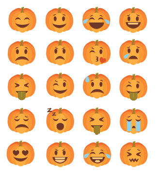 Cute cartoon style carved Halloween pumpkin faces with different expression emoticon icon vectors set