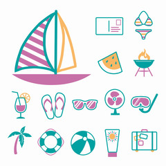 Vector icons set for creating infographics related to summer, travel and vacation, like sailing boat, bikini, postcard, water melon, sun glasses and suitcase