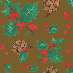 Pine cone xmas branch with leaves isolated fir on Tapenade color. Christmas seamless pattern for party flyer design. Winter sale fair branding. New Year seasonal celebration greeting card.