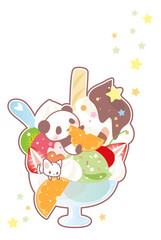 アイスパフェデザート・かわいいパンダと猫ちゃん・暑中見舞い・