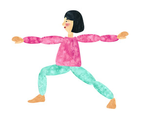 Hand drawn watercolor collage of a girl with dark hair in pink shirt, turquoise pants, making yoga pose. Illustration for magazine or advertisement. Includes clipping path.