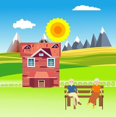 Flat illustration of Countryside view, farm village in summer Landscape vector. House and old people, Sun and sun rays