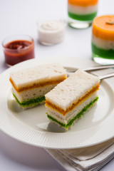 Tricolor Tiranga sandwich with orange and green chutney perfect picture for Indian republic / independence day greeting