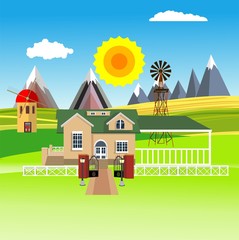 Flat illustration of Countryside view, farm village in summer Landscape vector. House and family Sun and sun rays