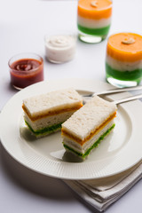 Tricolor Tiranga sandwich with orange and green chutney perfect picture for Indian republic / independence day greeting