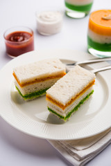 Tricolor Tiranga sandwich with orange and green chutney perfect picture for Indian republic / independence day greeting