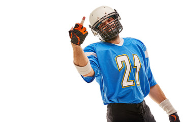 American football player in uniform shows hand fuck. American football, copy space, white background.