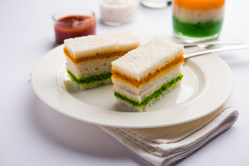 Tricolor Tiranga sandwich with orange and green chutney perfect picture for Indian republic / independence day greeting