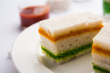 Tricolor Tiranga sandwich with orange and green chutney perfect picture for Indian republic / independence day greeting