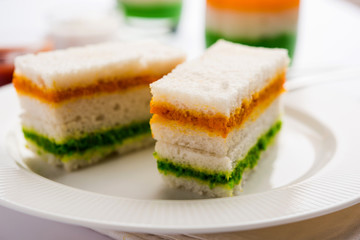 Tricolor Tiranga sandwich with orange and green chutney perfect picture for Indian republic / independence day greeting