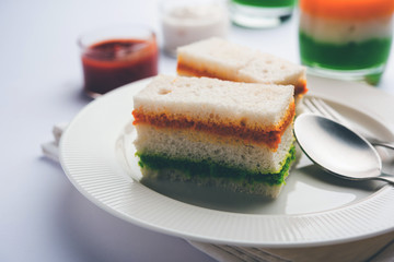 Tricolor Tiranga sandwich with orange and green chutney perfect picture for Indian republic / independence day greeting