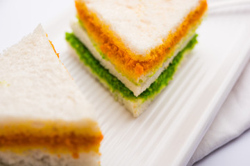 Tricolor Tiranga sandwich with orange and green chutney perfect picture for Indian republic / independence day greeting