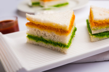Tricolor Tiranga sandwich with orange and green chutney perfect picture for Indian republic / independence day greeting