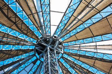 Close up of greenhouse roof background. Metal and fabric greenhouse roof ceiling frame texture