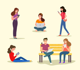 People look at gadgets. Vector flat illustration