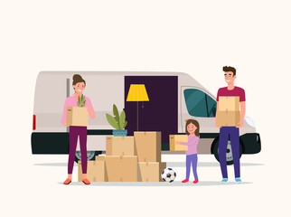 Man, woman  and girl hold boxes. Moving house. Cargo van with open door.  Vector flat style illustration