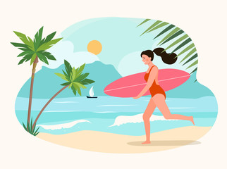 Beach scene. Happy girl runs with a surfboard. Vector flat illustration