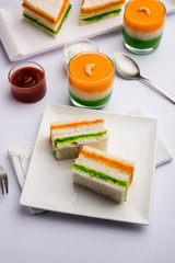 Tricolor Tiranga sandwich with orange and green chutney perfect picture for Indian republic / independence day greeting