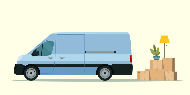 Things in box in the trunk of the cargo van. Moving House. Vector flat style illustration