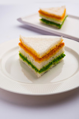 Tricolor Tiranga sandwich with orange and green chutney perfect picture for Indian republic / independence day greeting
