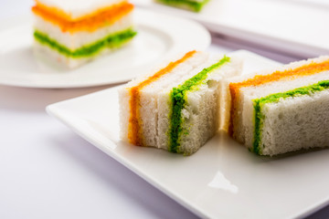 Tricolor Tiranga sandwich with orange and green chutney perfect picture for Indian republic / independence day greeting