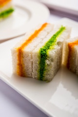 Tricolor Tiranga sandwich with orange and green chutney perfect picture for Indian republic / independence day greeting