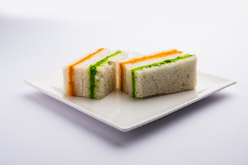 Tricolor Tiranga sandwich with orange and green chutney perfect picture for Indian republic / independence day greeting