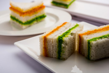 Tricolor Tiranga sandwich with orange and green chutney perfect picture for Indian republic / independence day greeting