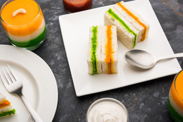 Tricolor Tiranga sandwich with orange and green chutney perfect picture for Indian republic / independence day greeting