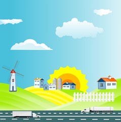 Flat illustration of Countryside view, farm village in summer Landscape vector. Highway with automobils, Sun and sun rays