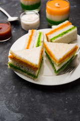 Tricolor Tiranga sandwich with orange and green chutney perfect picture for Indian republic / independence day greeting