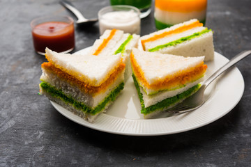 Tricolor Tiranga sandwich with orange and green chutney perfect picture for Indian republic / independence day greeting