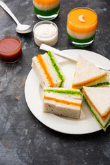 Tricolor Tiranga sandwich with orange and green chutney perfect picture for Indian republic / independence day greeting