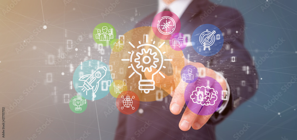 Poster cloud of colorfull start up icon bubble with data businessman holding a binary 3d rendering