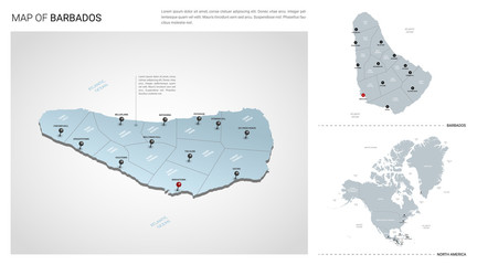 Vector set of Barbados country.  Isometric 3d map, Barbados map, North America map - with region, state names and city names.
